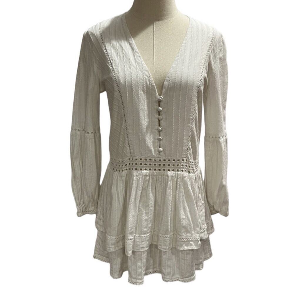 N/Nicholas White‎ Eyelet Button Front Long Sleeve V-Neck Cotton Mini Dress Sz 4
